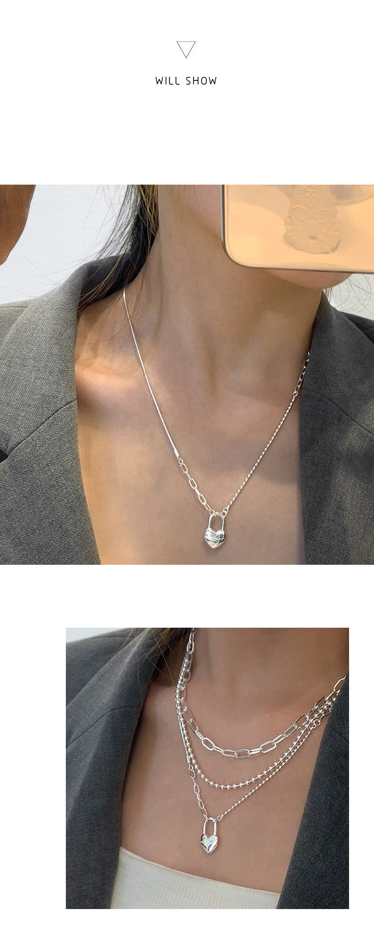 Women's Double-Layer Chain Heart-Shape Lock Necklace S925 Sterling Silver