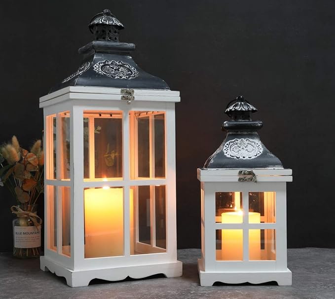 White Wood Decorative Lanterns (2pc)