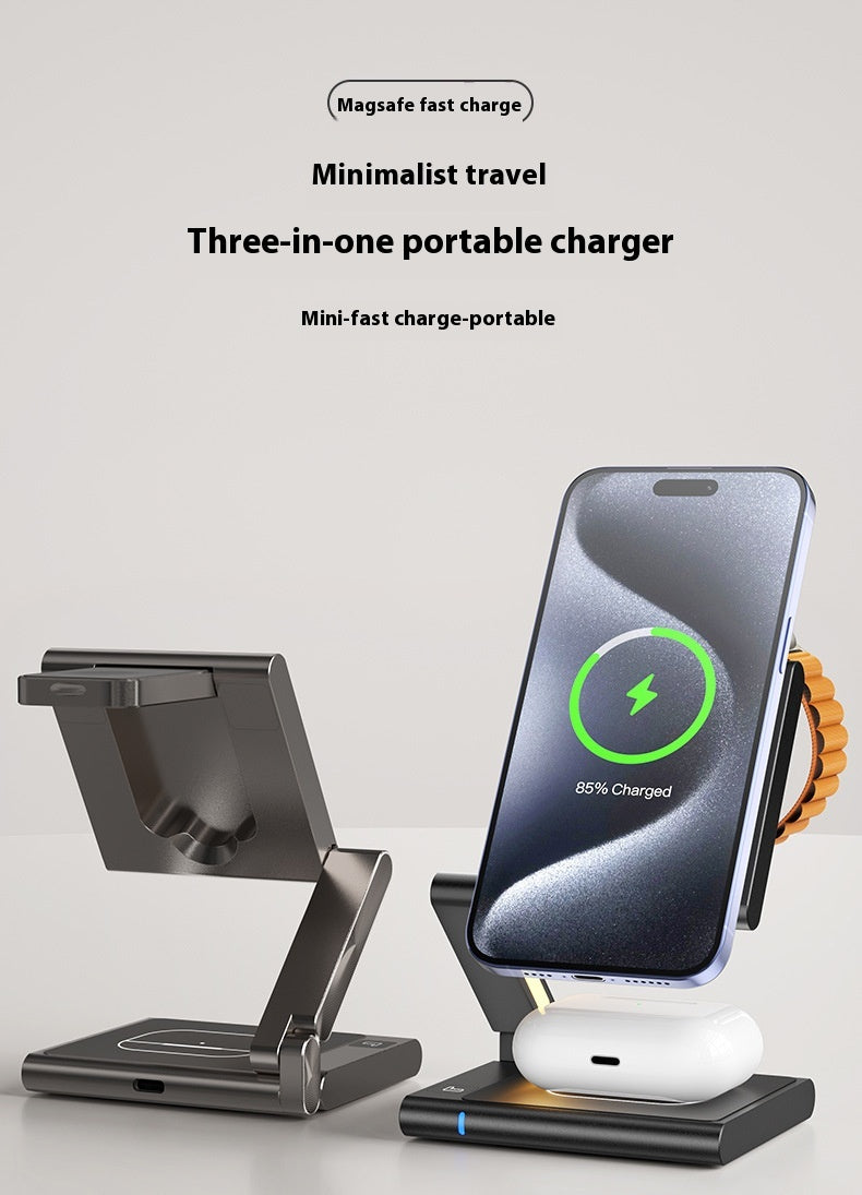 Folding Mobile Phone Headset Watch Three-in-One Wireless Charger - Black